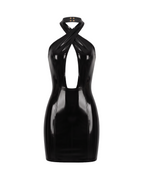 A high-shine black latex halter-neck dress by Ribcage, featuring a striking geometric cutout at the bust, a secure metal neck fastening, and a compressive second-skin pencil silhouette.