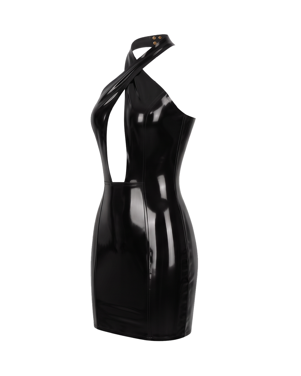 A high-shine black latex halter-neck dress by Ribcage, featuring a striking geometric cutout at the bust, a secure metal neck fastening, and a compressive second-skin pencil silhouette.
