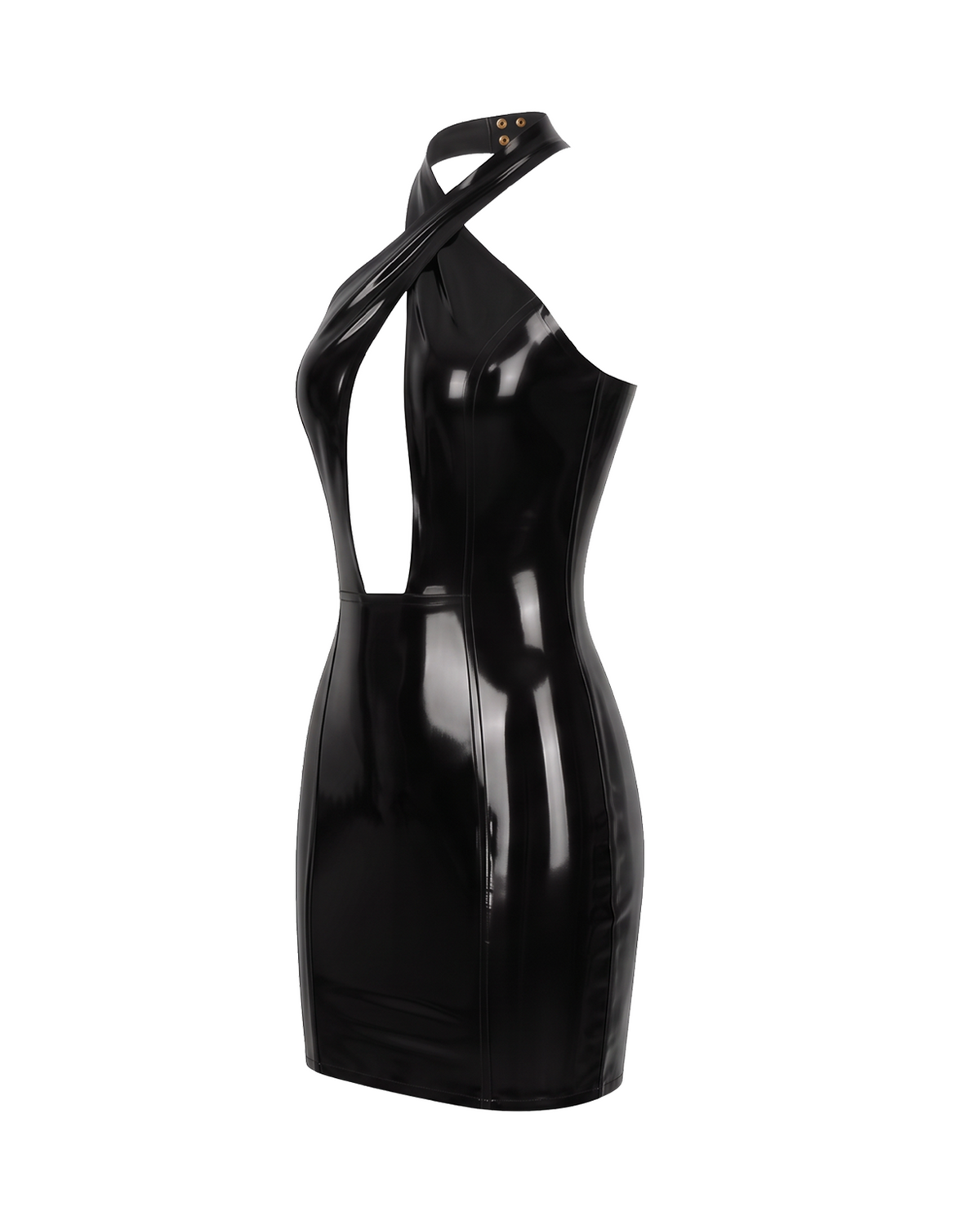A high-shine black latex halter-neck dress by Ribcage, featuring a striking geometric cutout at the bust, a secure metal neck fastening, and a compressive second-skin pencil silhouette.