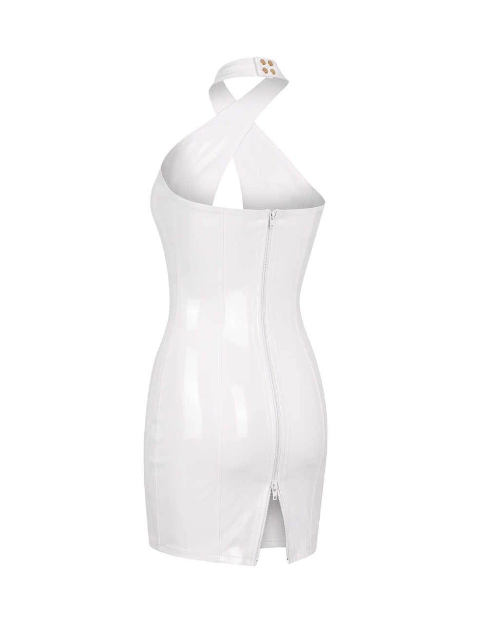 A high-shine white latex halter-neck dress by Ribcage, featuring a striking geometric cutout at the bust, a secure metal neck fastening, and a compressive second-skin pencil silhouette.