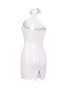 A high-shine white latex halter-neck dress by Ribcage, featuring a striking geometric cutout at the bust, a secure metal neck fastening, and a compressive second-skin pencil silhouette.
