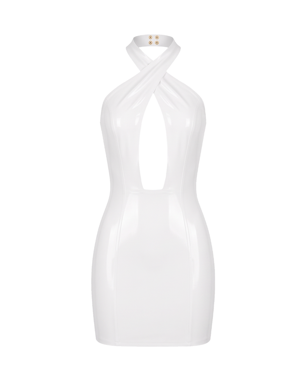 A high-shine white latex halter-neck dress by Ribcage, featuring a striking geometric cutout at the bust, a secure metal neck fastening, and a compressive second-skin pencil silhouette.