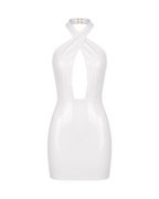 A high-shine white latex halter-neck dress by Ribcage, featuring a striking geometric cutout at the bust, a secure metal neck fastening, and a compressive second-skin pencil silhouette.