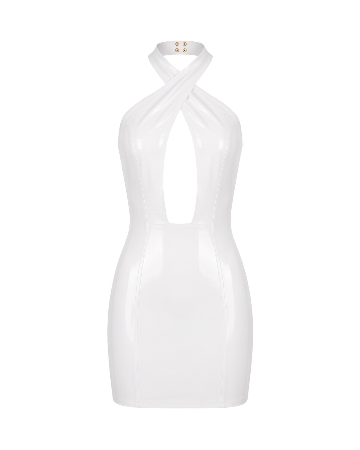 A high-shine white latex halter-neck dress by Ribcage, featuring a striking geometric cutout at the bust, a secure metal neck fastening, and a compressive second-skin pencil silhouette.