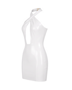 A high-shine white latex halter-neck dress by Ribcage, featuring a striking geometric cutout at the bust, a secure metal neck fastening, and a compressive second-skin pencil silhouette.