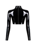 A glossy metallic black latex long-sleeve crop top by Ribcage, featuring a structured mock neckline, a sharp cropped hemline, and a compressive second-skin fit.