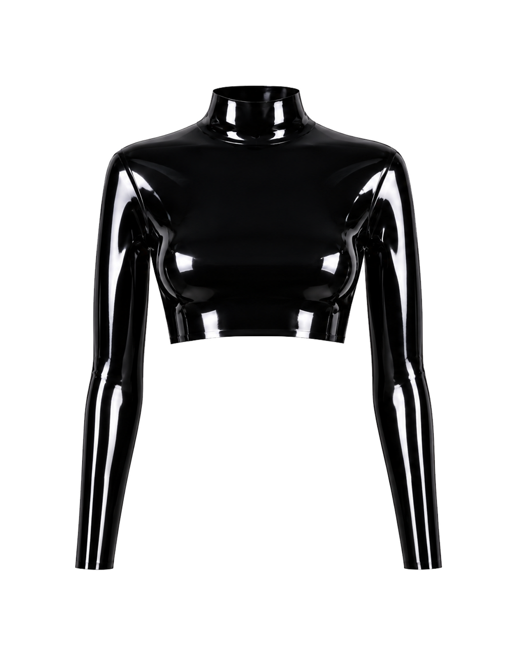 A glossy metallic black latex long-sleeve crop top by Ribcage, featuring a structured mock neckline, a sharp cropped hemline, and a compressive second-skin fit.