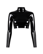 A glossy metallic black latex long-sleeve crop top by Ribcage, featuring a structured mock neckline, a sharp cropped hemline, and a compressive second-skin fit.