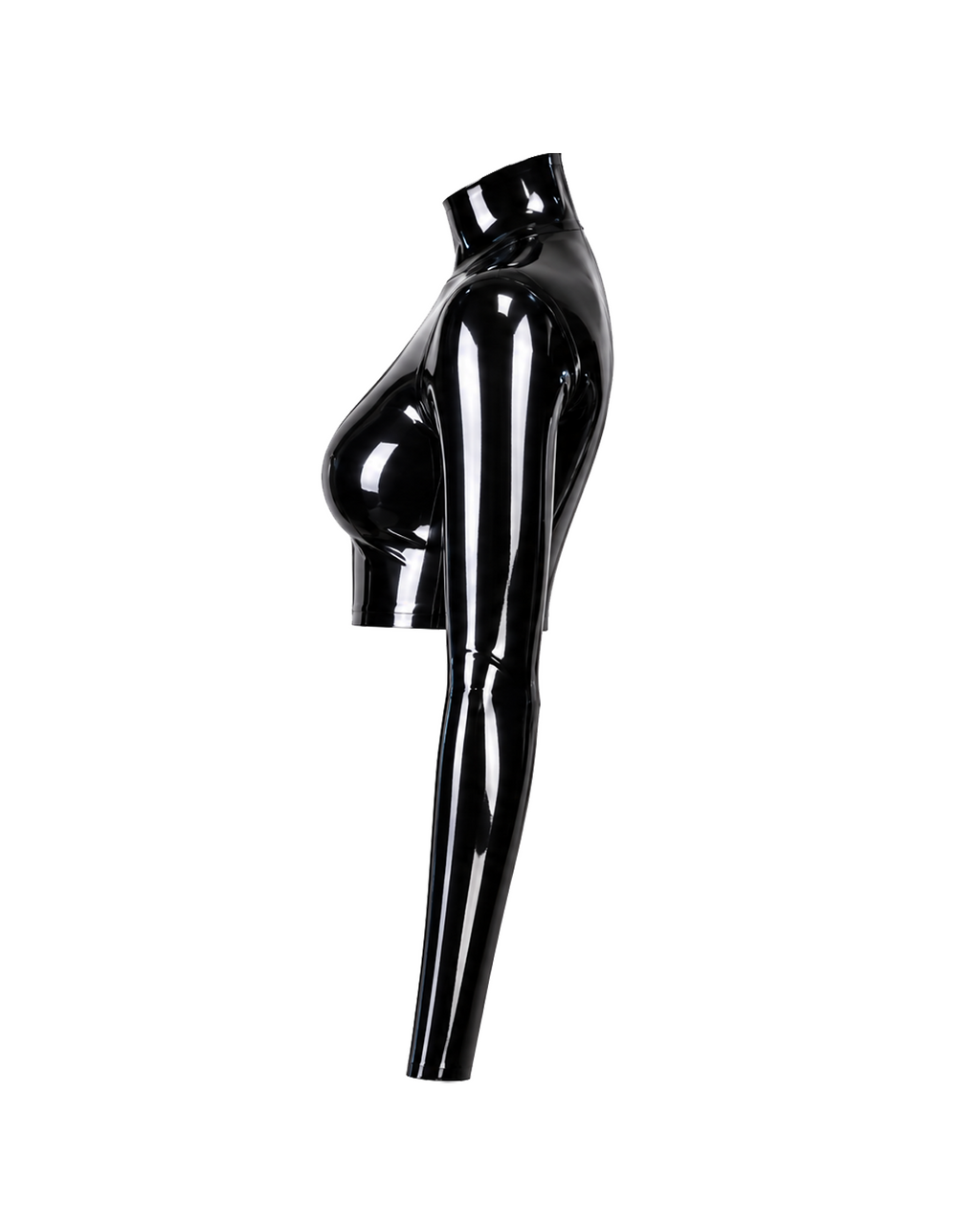A glossy metallic black latex long-sleeve crop top by Ribcage, featuring a structured mock neckline, a sharp cropped hemline, and a compressive second-skin fit.