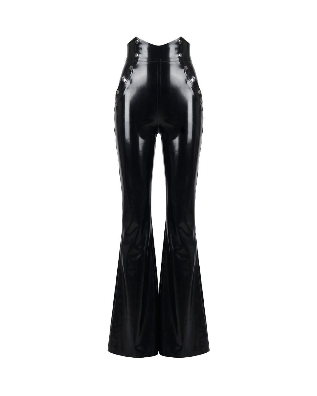 A pair of glossy metallic black latex high-waisted flared trousers by Ribcage, featuring a sharp architectural drape and a compressive second-skin fit.