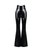 A pair of glossy metallic black latex high-waisted flared trousers by Ribcage, featuring a sharp architectural drape and a compressive second-skin fit.