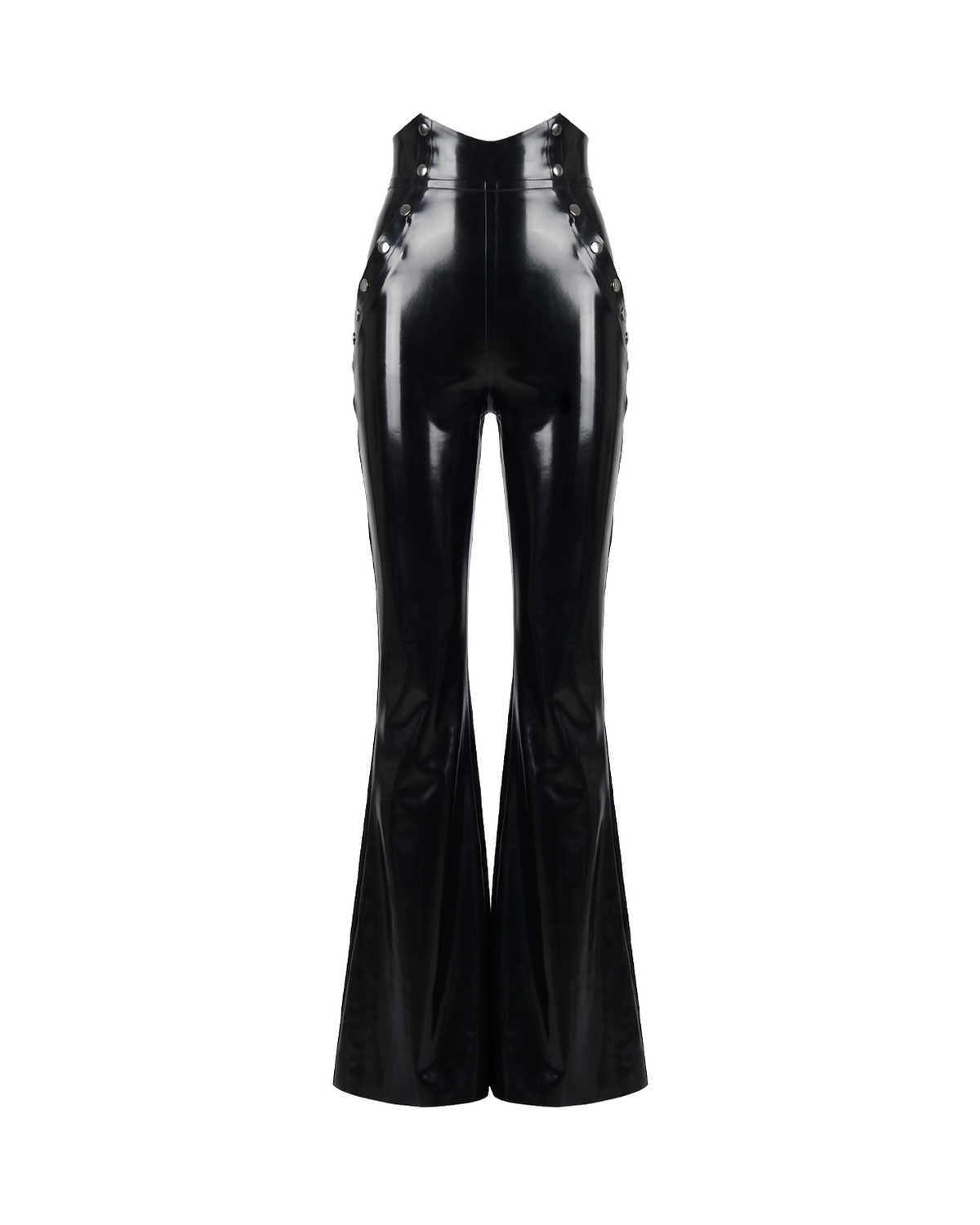 A pair of glossy metallic black latex high-waisted flared trousers by Ribcage, featuring a sharp architectural drape and a compressive second-skin fit.