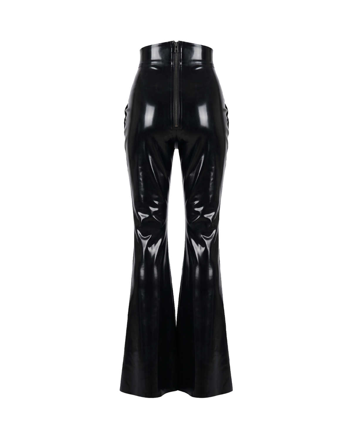 A pair of glossy metallic black latex high-waisted flared trousers by Ribcage, featuring a sharp architectural drape and a compressive second-skin fit.