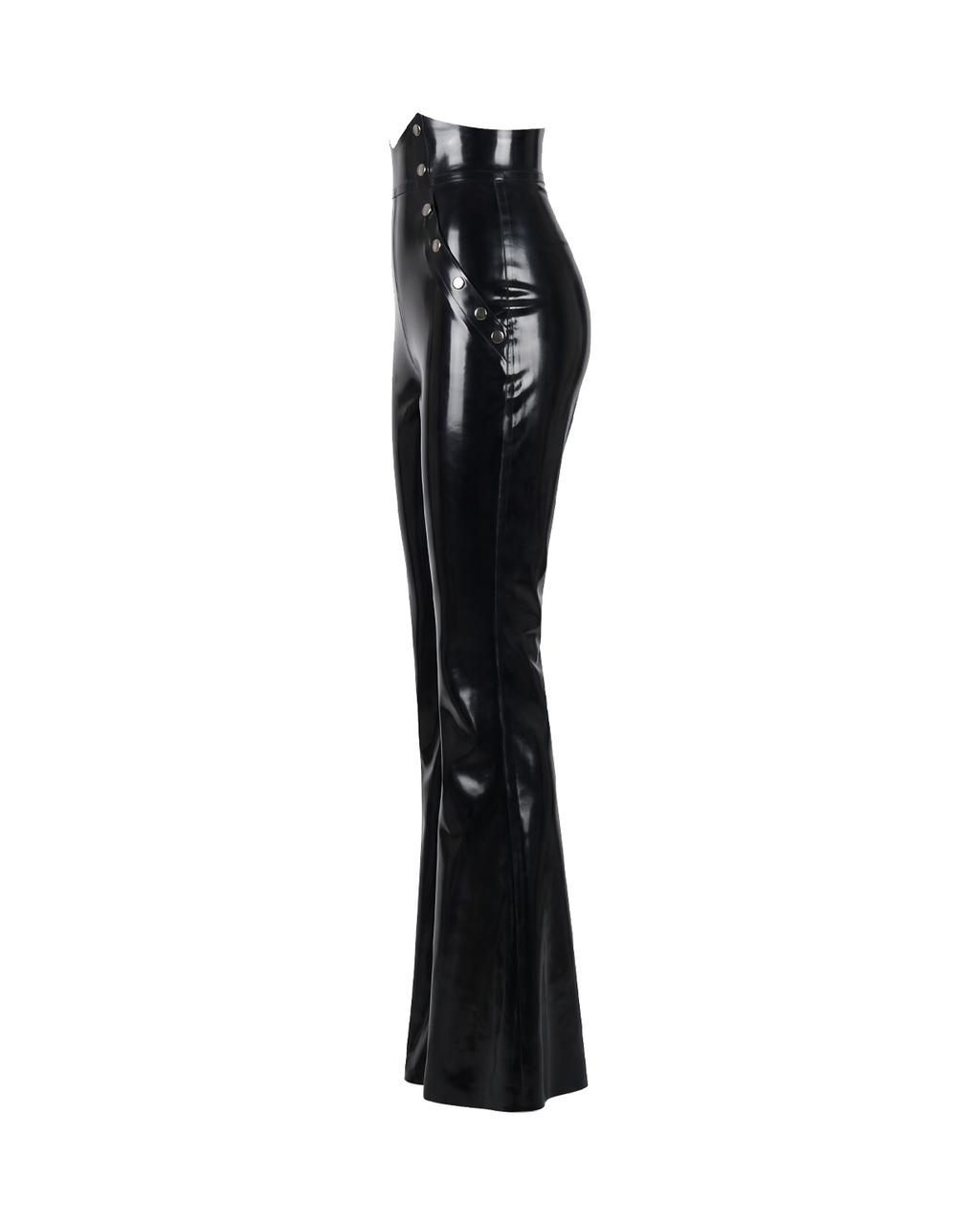 A pair of glossy metallic black latex high-waisted flared trousers by Ribcage, featuring a sharp architectural drape and a compressive second-skin fit.