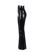 A pair of glossy metallic black latex high-waisted flared trousers by Ribcage, featuring a sharp architectural drape and a compressive second-skin fit.