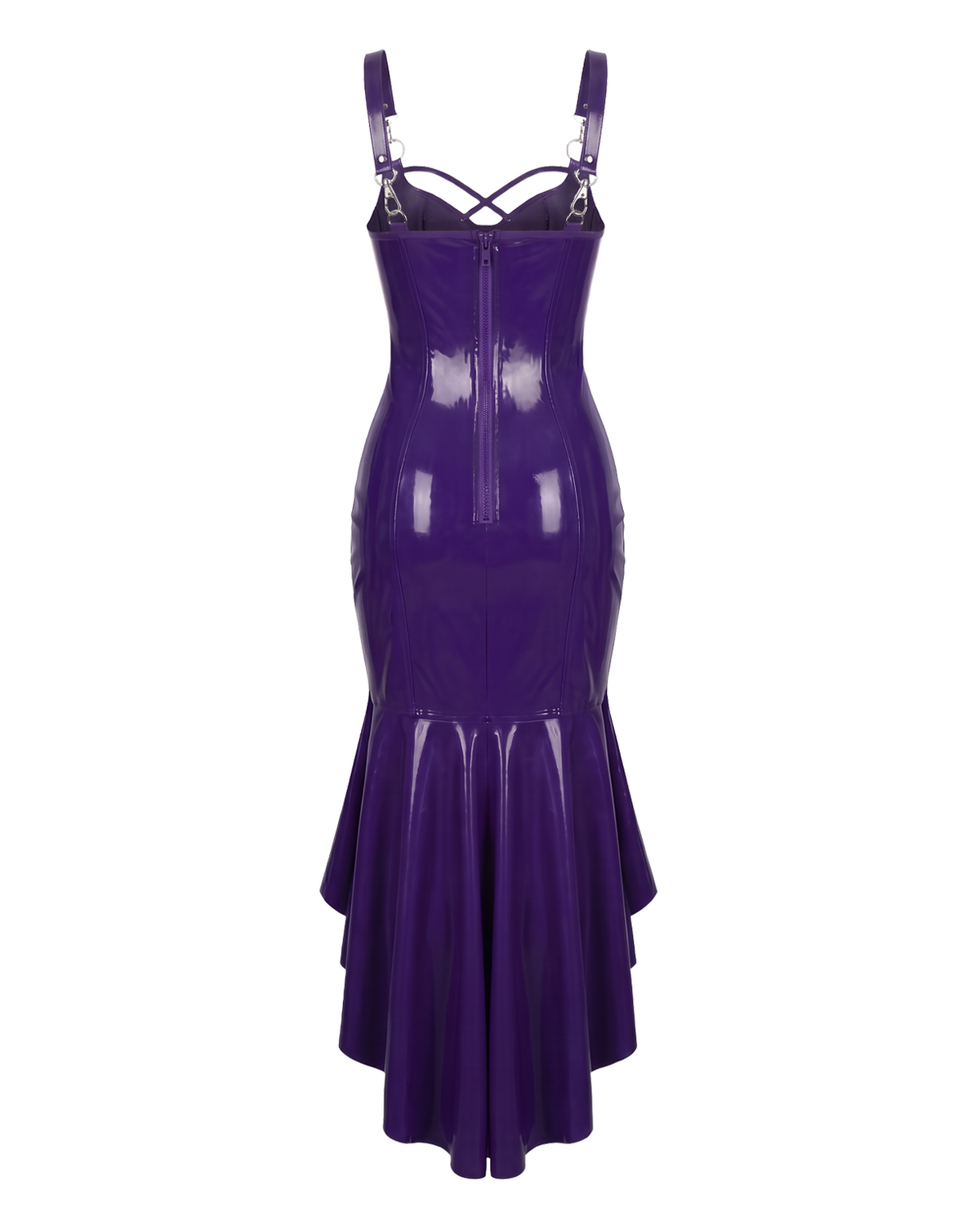 A high-shine purple latex mermaid dress by Ribcage, featuring adjustable straps, chest O-rings with criss-cross detailing, and a cascading flounce hem.
