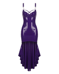 A high-shine purple latex mermaid dress by Ribcage, featuring adjustable straps, chest O-rings with criss-cross detailing, and a cascading flounce hem.