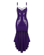 A high-shine purple latex mermaid dress by Ribcage, featuring adjustable straps, chest O-rings with criss-cross detailing, and a cascading flounce hem.
