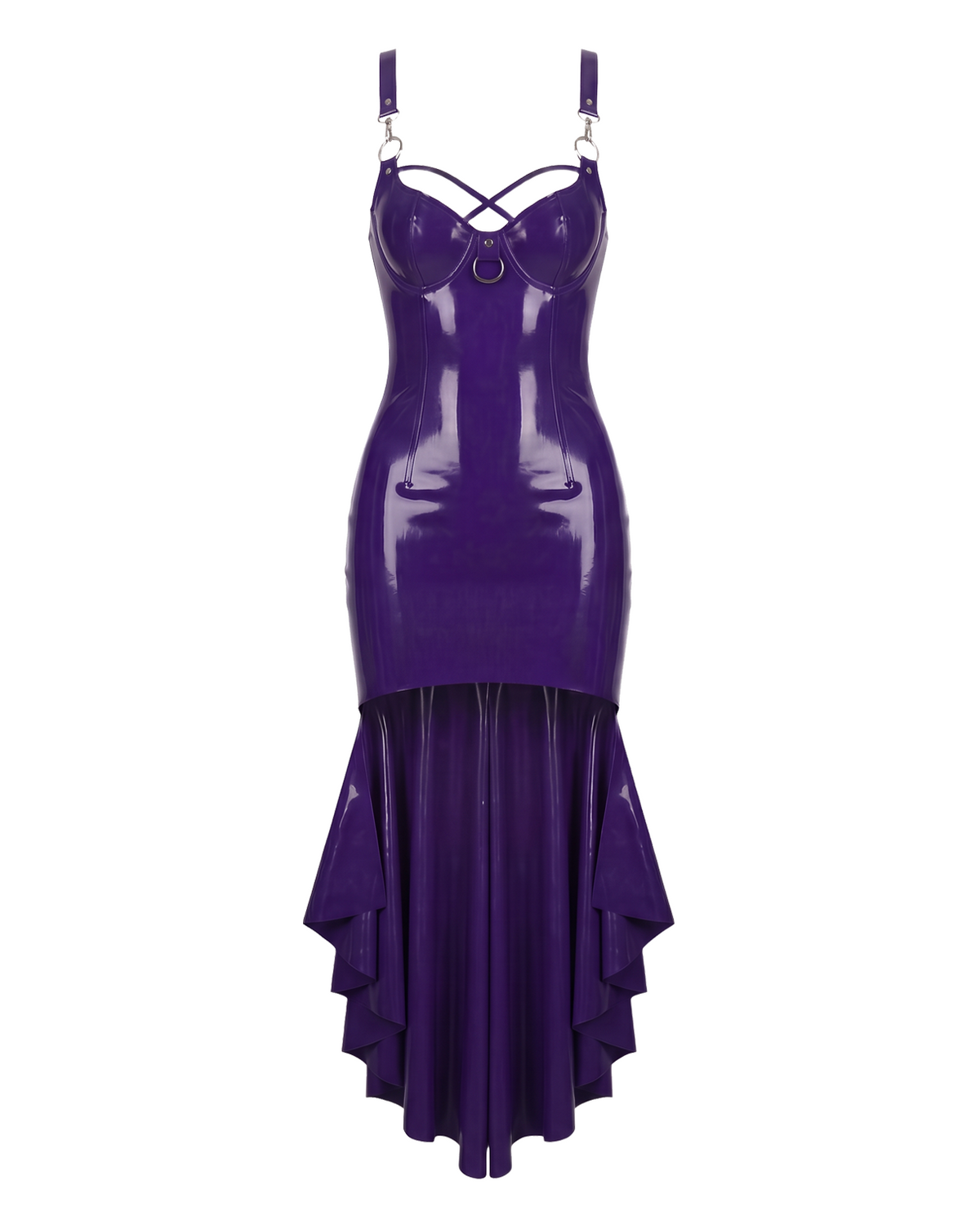 A high-shine purple latex mermaid dress by Ribcage, featuring adjustable straps, chest O-rings with criss-cross detailing, and a cascading flounce hem.