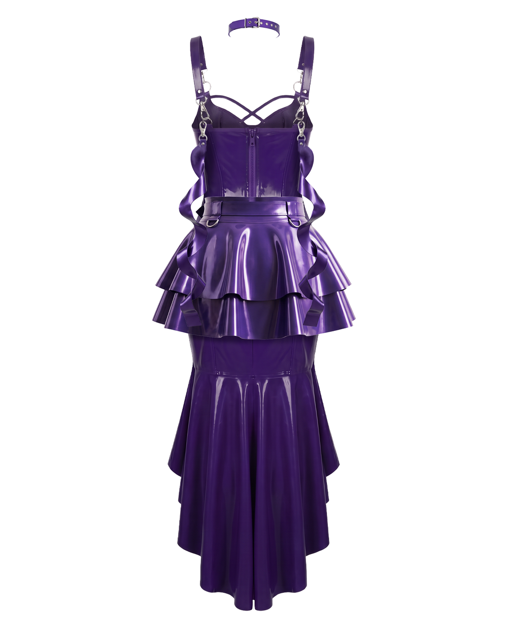 A back view of the high-shine purple latex multi-piece suit by Ribcage, highlighting the form-fitting dress layered with the modular metallic purple Aurora Peplum Overlay, a matching choker with flowing ribbons, and coordinating gloves.
