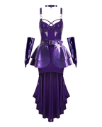 A front view of the high-shine purple latex multi-piece suit by Ribcage, featuring a form-fitting dress layered with the modular metallic purple Aurora Peplum Overlay, a matching choker, and coordinating gloves.