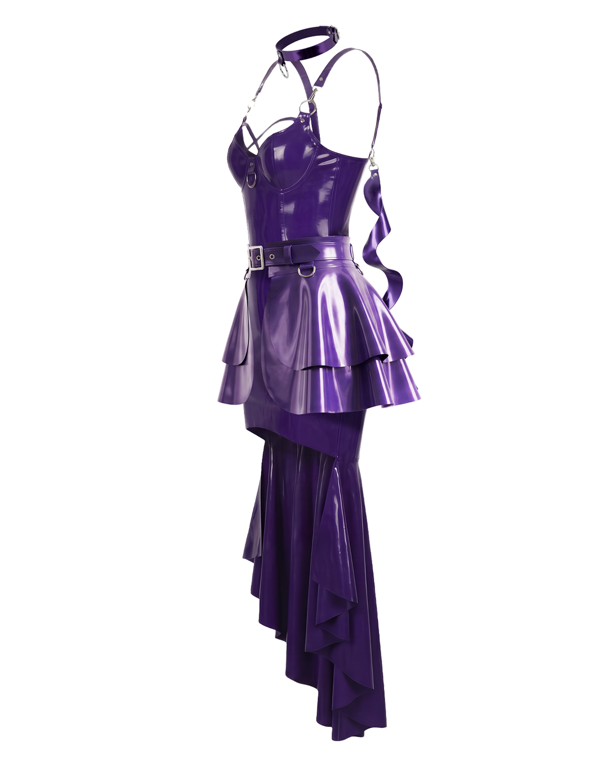 A profile view of the high-shine purple latex multi-piece suit by Ribcage, highlighting the form-fitting dress layered with the modular metallic purple Aurora Peplum Overlay, a matching choker with flowing ribbons, and coordinating gloves.