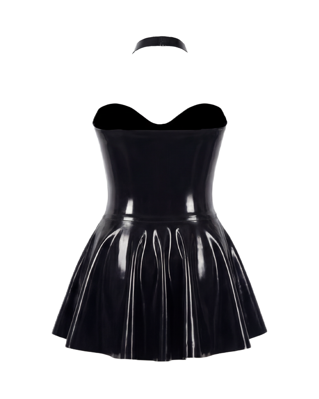 A high-shine black latex strapless cocktail dress by Ribcage, channeling the iconic elegance of Breakfast at Tiffany's and the vibrant spirit of New York, featuring a structured sweetheart neckline, a flared A-line skirt, a compressive second-skin fit, and a matching minimalist choker.