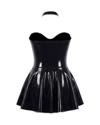 A high-shine black latex strapless cocktail dress by Ribcage, channeling the iconic elegance of Breakfast at Tiffany's and the vibrant spirit of New York, featuring a structured sweetheart neckline, a flared A-line skirt, a compressive second-skin fit, and a matching minimalist choker.