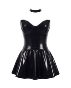 A high-shine black latex strapless cocktail dress by Ribcage, channeling the iconic elegance of Breakfast at Tiffany's and the vibrant spirit of New York, featuring a structured sweetheart neckline, a flared A-line skirt, a compressive second-skin fit, and a matching minimalist choker.
