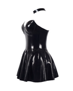 A high-shine black latex strapless cocktail dress by Ribcage, channeling the iconic elegance of Breakfast at Tiffany's and the vibrant spirit of New York, featuring a structured sweetheart neckline, a flared A-line skirt, a compressive second-skin fit, and a matching minimalist choker.