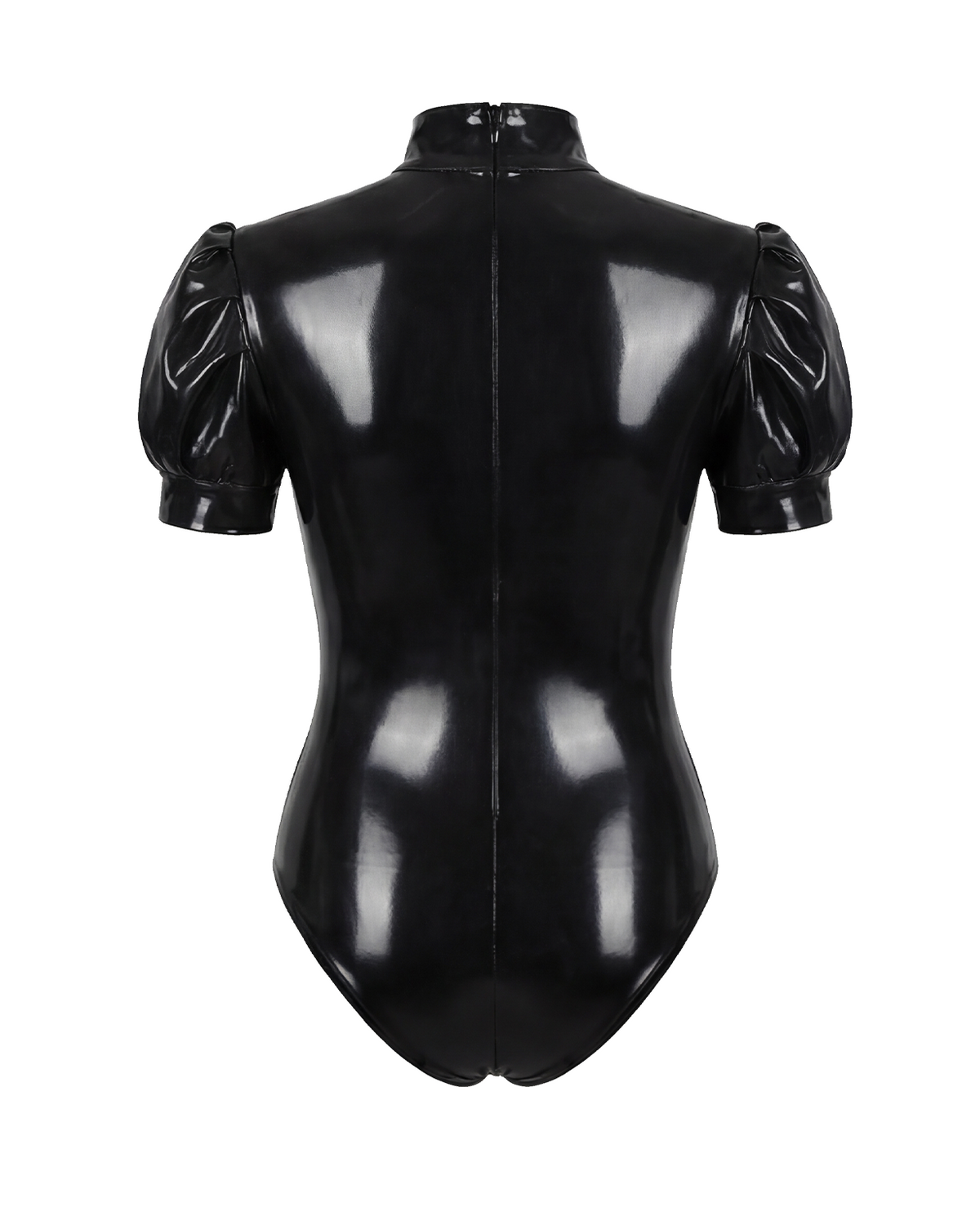 A glossy black latex puff-sleeve bodysuit by Ribcage, featuring a high neckline with a chest cutout, industrial metallic O-rings, a contoured bustier, and a back zipper.