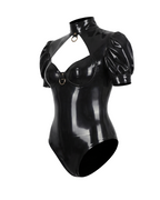 A glossy black latex puff-sleeve bodysuit by Ribcage, featuring a high neckline with a chest cutout, industrial metallic O-rings, a contoured bustier, and a back zipper.