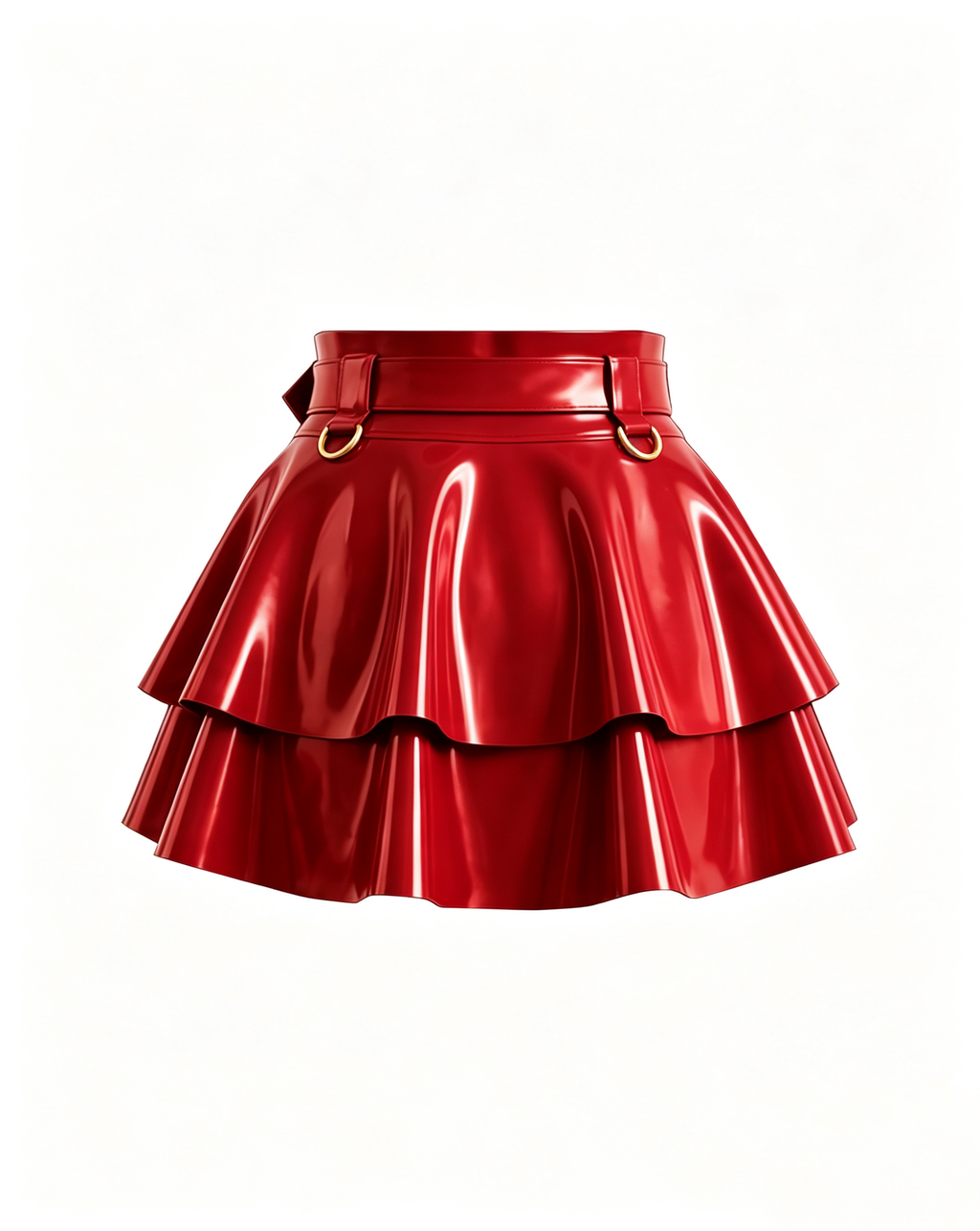 A glossy red latex peplum overlay belt by Ribcage, featuring a structured waist belt with a silver metallic buckle, hardware rings, and a double-layer flounce peplum.