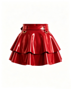 A glossy red latex peplum overlay belt by Ribcage, featuring a structured waist belt with a silver metallic buckle, hardware rings, and a double-layer flounce peplum.