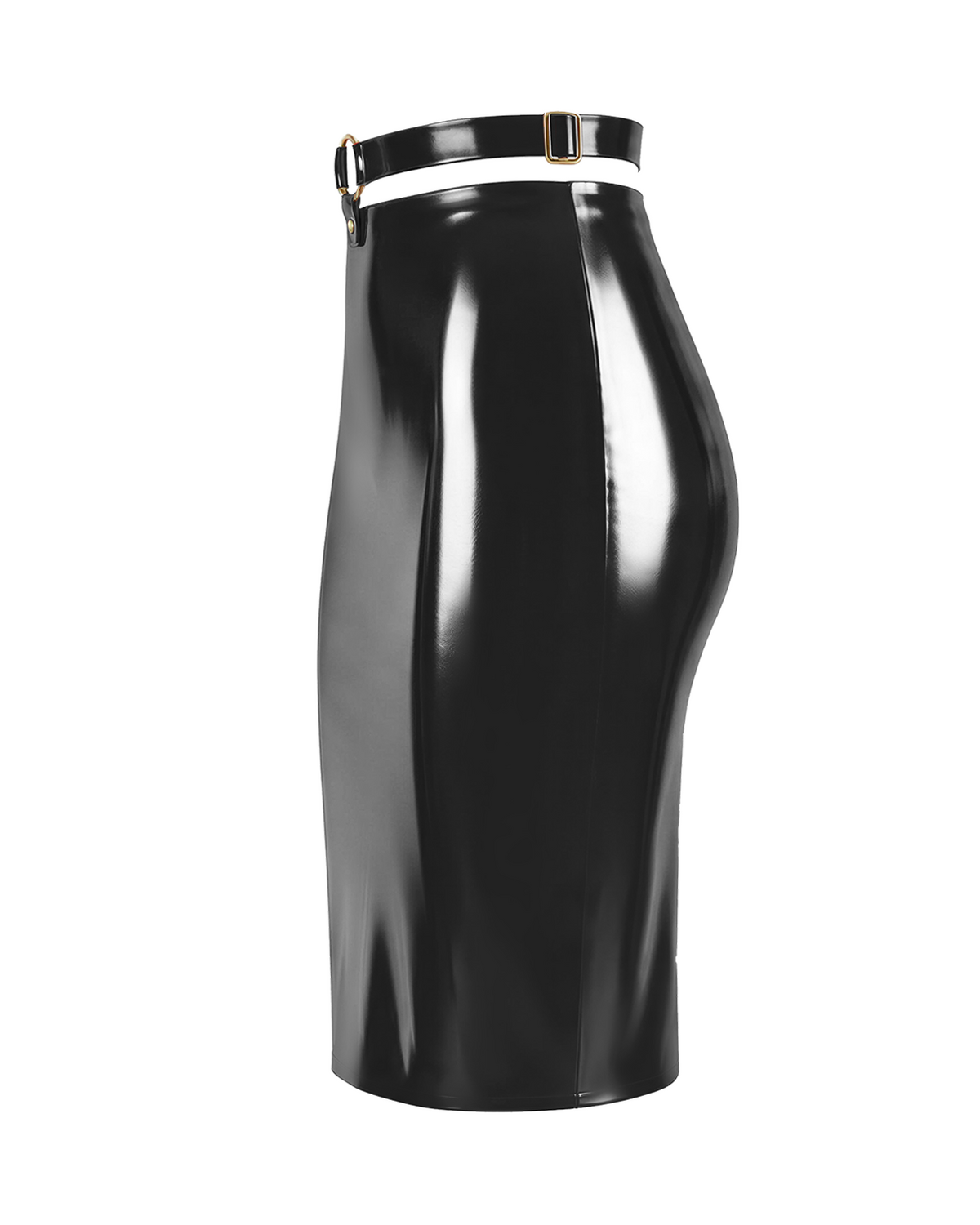 A front view of the high-shine black latex high-waisted pencil skirt by Ribcage, featuring a contrasting waistline design with metallic O-ring hardware, displayed on a clean white background.
