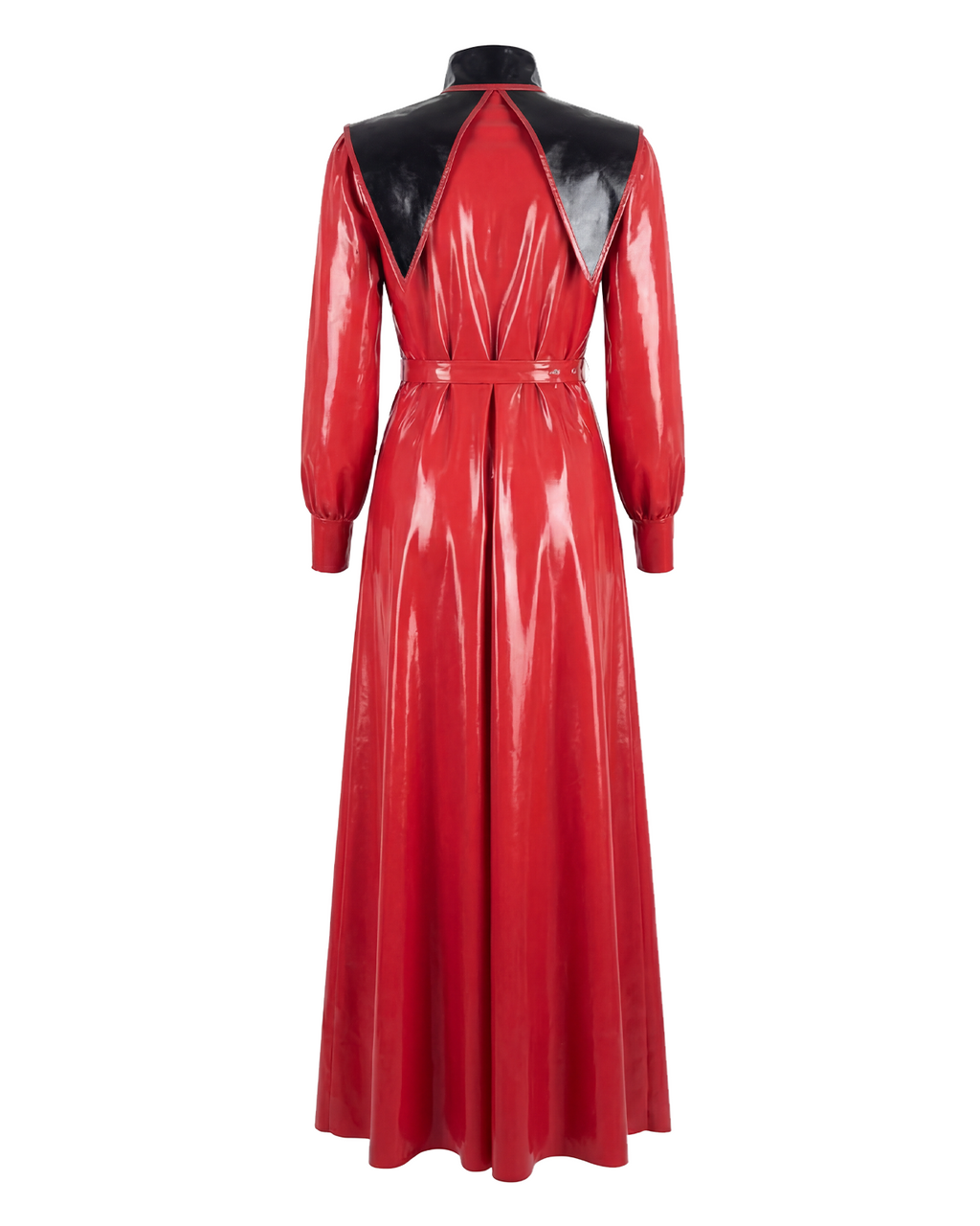 A glossy high-shine red and black latex four-piece trench suit by Ribcage, featuring a long-sleeve trench coat, a triangular capelet, a structured body harness, and an inner mock-neck dress.