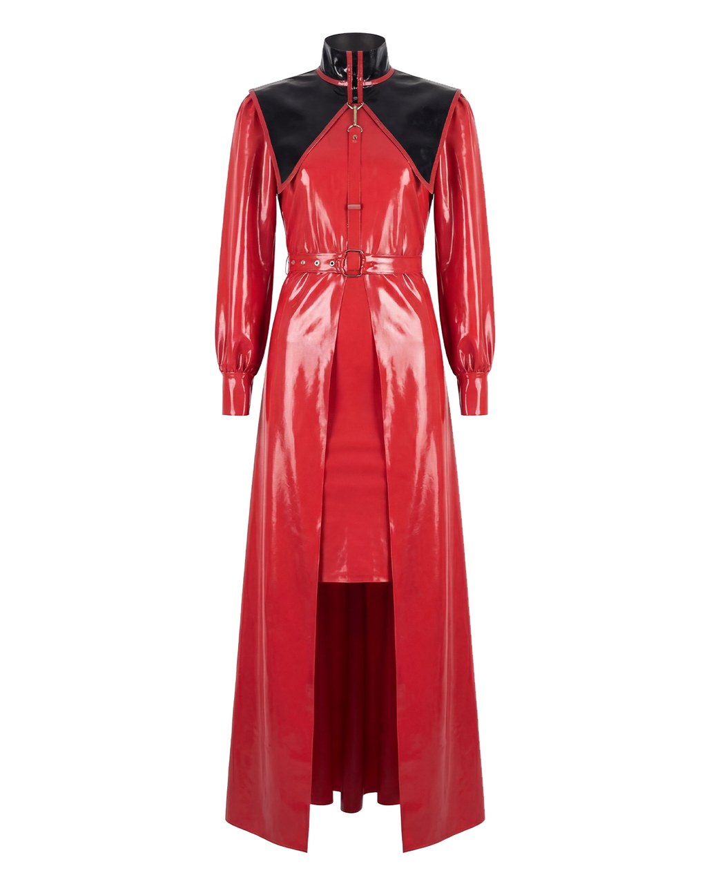 A glossy high-shine red and black latex four-piece trench suit by Ribcage, featuring a long-sleeve trench coat, a triangular capelet, a structured body harness, and an inner mock-neck dress.