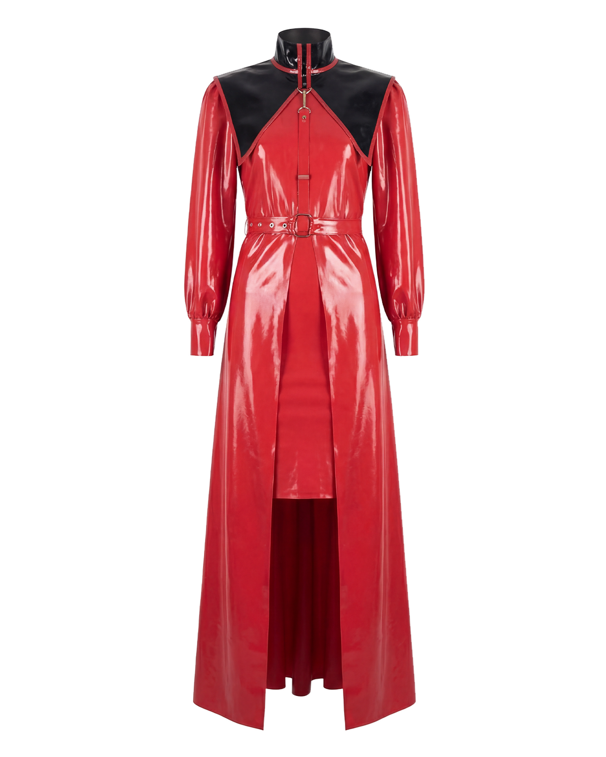 A glossy high-shine red and black latex four-piece trench suit by Ribcage, featuring a long-sleeve trench coat, a triangular capelet, a structured body harness, and an inner mock-neck dress.