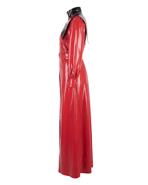A glossy high-shine red and black latex four-piece trench suit by Ribcage, featuring a long-sleeve trench coat, a triangular capelet, a structured body harness, and an inner mock-neck dress.