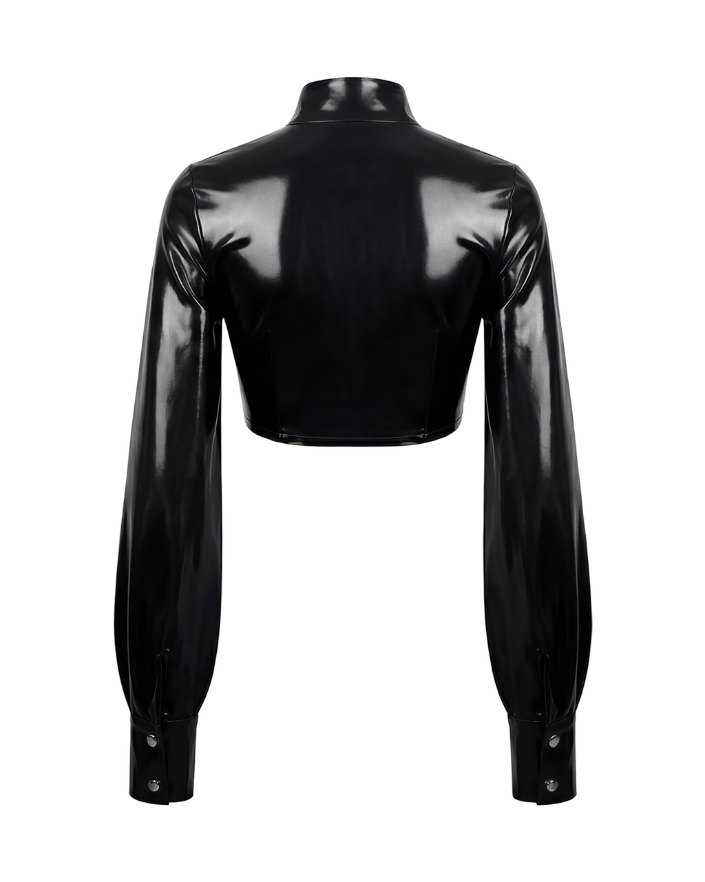 A glossy black latex long-sleeve cropped bolero by Ribcage, featuring a high neckline with a metallic buckle closure and voluminous sleeves with fitted cuffs.
