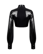 A glossy black latex long-sleeve cropped bolero by Ribcage, featuring a high neckline with a metallic buckle closure and voluminous sleeves with fitted cuffs.