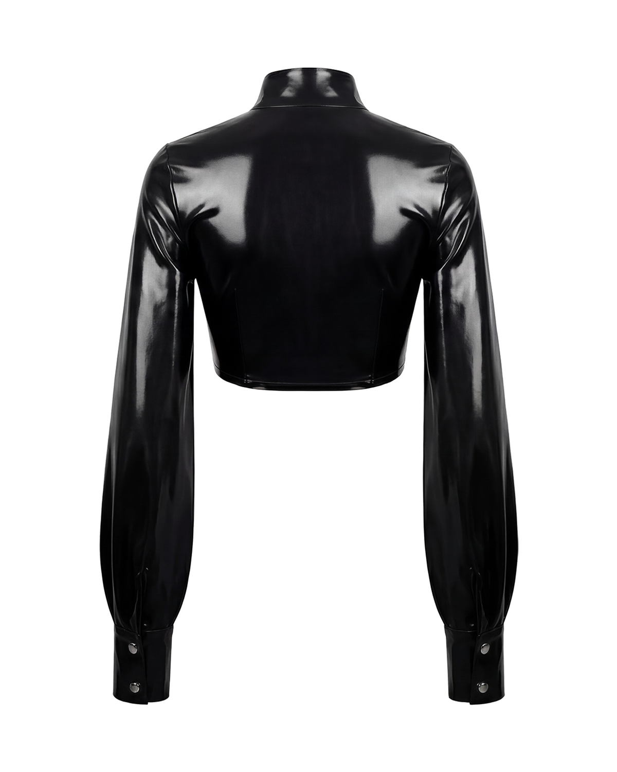 A glossy black latex long-sleeve cropped bolero by Ribcage, featuring a high neckline with a metallic buckle closure and voluminous sleeves with fitted cuffs.