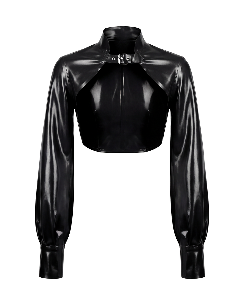 A glossy black latex long-sleeve cropped bolero by Ribcage, featuring a high neckline with a metallic buckle closure and voluminous sleeves with fitted cuffs.