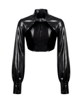 A glossy black latex long-sleeve cropped bolero by Ribcage, featuring a high neckline with a metallic buckle closure and voluminous sleeves with fitted cuffs.