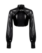 A glossy black latex long-sleeve cropped bolero by Ribcage, featuring a high neckline with a metallic buckle closure and voluminous sleeves with fitted cuffs.