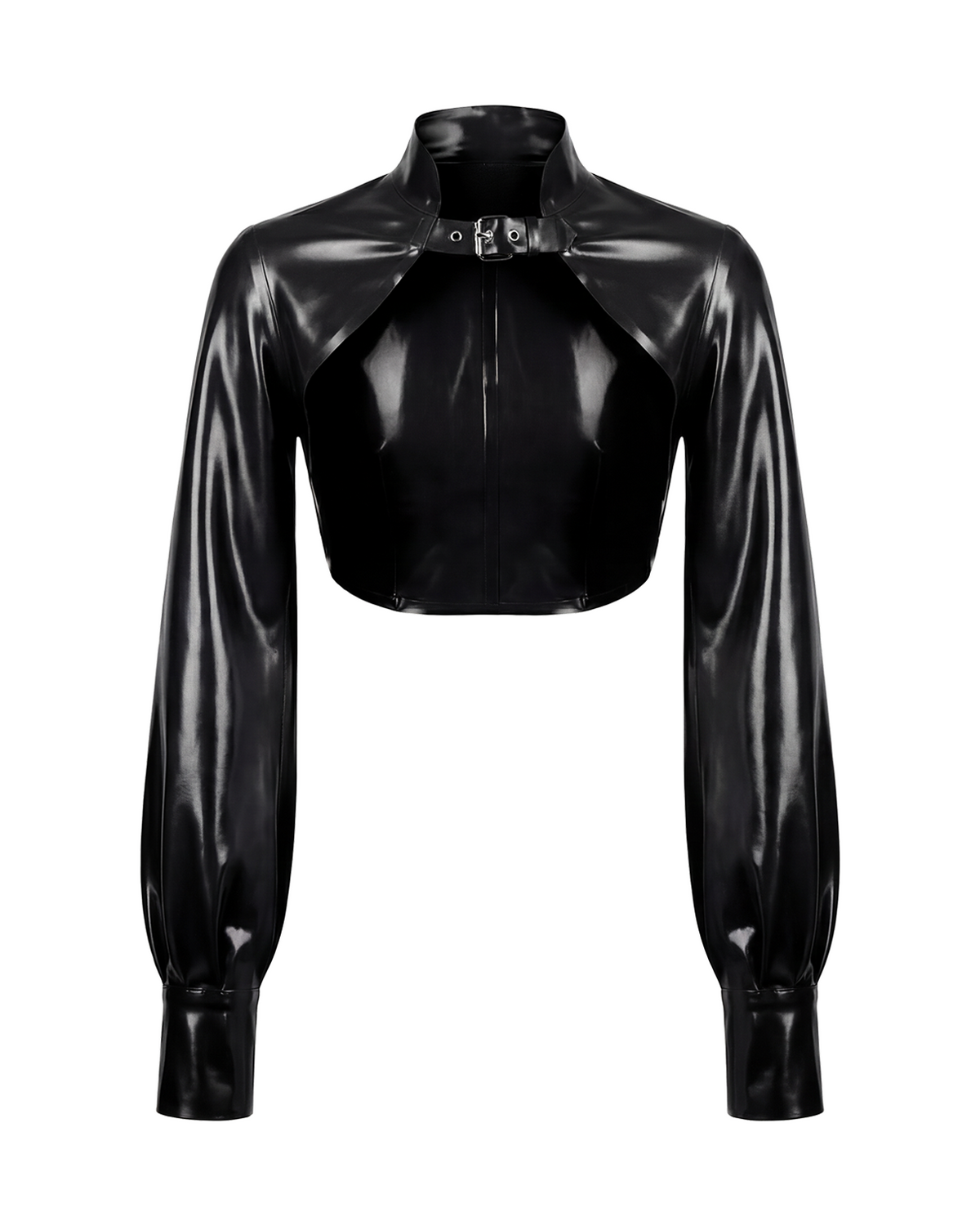 A glossy black latex long-sleeve cropped bolero by Ribcage, featuring a high neckline with a metallic buckle closure and voluminous sleeves with fitted cuffs.