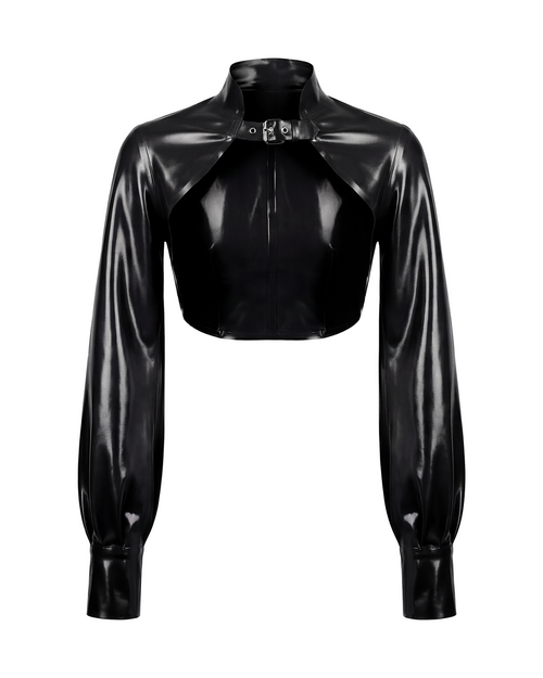 A glossy black latex long-sleeve cropped bolero by Ribcage, featuring a high neckline with a metallic buckle closure and voluminous sleeves with fitted cuffs.