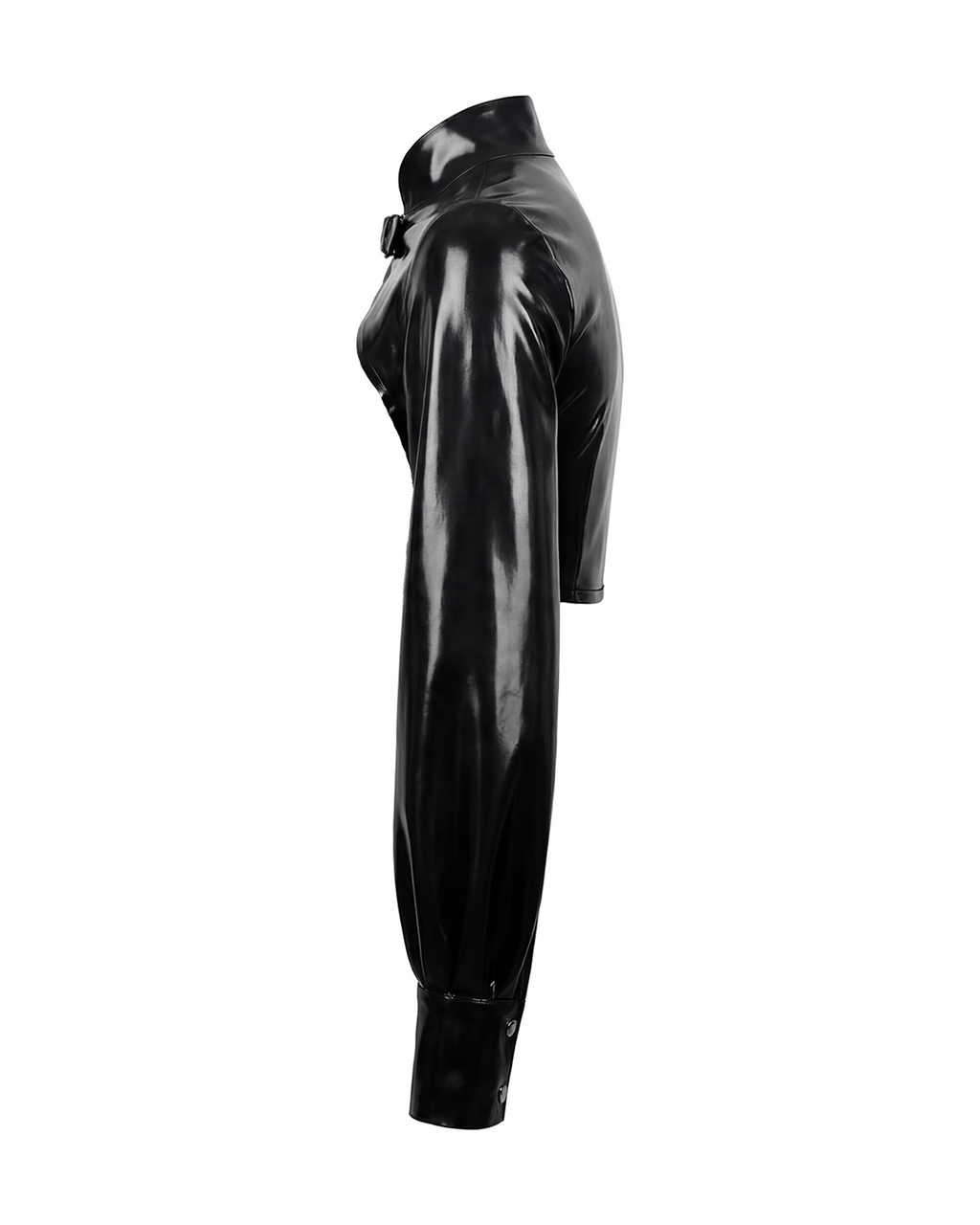 A glossy black latex long-sleeve cropped bolero by Ribcage, featuring a high neckline with a metallic buckle closure and voluminous sleeves with fitted cuffs.