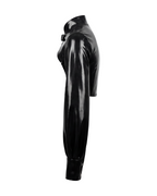 A glossy black latex long-sleeve cropped bolero by Ribcage, featuring a high neckline with a metallic buckle closure and voluminous sleeves with fitted cuffs.
