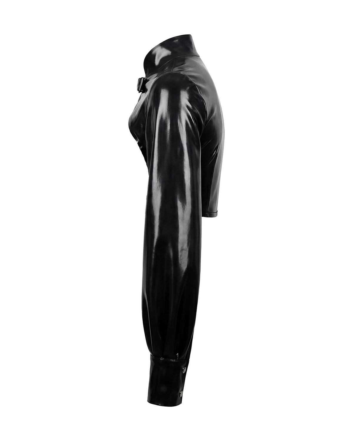 A glossy black latex long-sleeve cropped bolero by Ribcage, featuring a high neckline with a metallic buckle closure and voluminous sleeves with fitted cuffs.